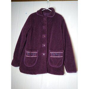 Tudor Court Women's Sz S Sherpa Fleece Jacket Button Down Purple Coat Embroidery
